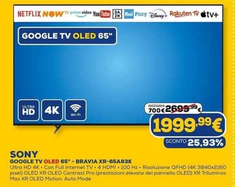 Euronics Sony Google TV OLED 65" Bravia XR-65A83K offerta