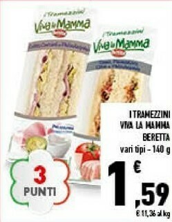 Conad Superstore Fratelli Beretta - I Tramezzini Viva La Mamma Tonno, Pomodoro, Olive E Philadelphia 140 G(ml) offerta