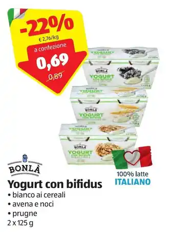 ALDI Bonlà Yogurt con bifidus bianco ai cereali, avena e noci, prugne 2 x 125 g offerta