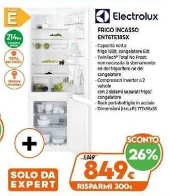 Expert Electrolux Frigo Incasso ENT6TE18SX offerta