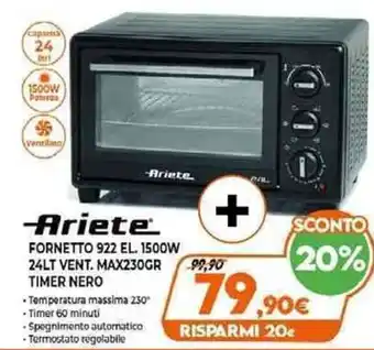 Expert Ariete Fornetto 922 EL. 1500W 24LT Vent. Max230 Gr Timer Nero offerta