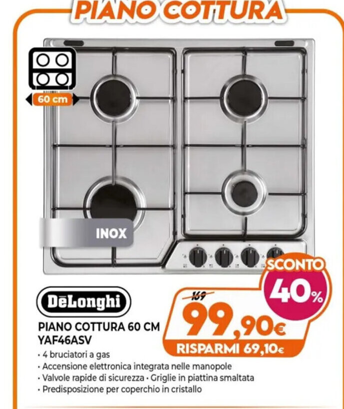 Piano Cottura A Gas De'Longhi SF 46 ASV - Incasso 60 Cm, 4 Fuochi, Sabbia, Comandi Frontali - Foto 12