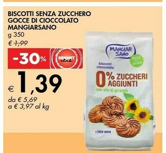 Bennet Mangiarsano Biscotti Senza Zucchero Gocce Di Cioccolato 350 G offerta