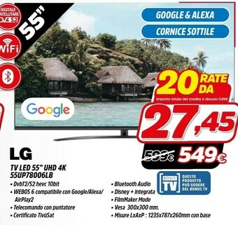 LG 55UP78006LB 55" Smart TV 4K Ultra HD NOVITÀ 2021 Wi-Fi Processore Quad Core 4K AI Sound