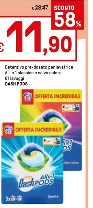 Iper La Grande Dash Detersivo Pre-dosato Per Lavatrice All In 1 Classico offerta