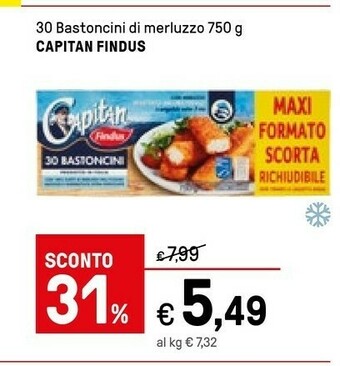 Iper La Grande Findus Findus - 30 Bastoncini con 100% Filetti di Merluzzo in Croccante Panatura 750 g(ml) offerta