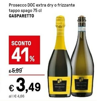 Iper La Grande Gasparetto Prosecco Doc Extra Dry/ Frizzante Tappo Spago 75 Cl offerta