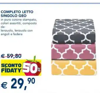 Completo Letto Singolo Geo in puro cotone stampato, colori assortiti, composto da: lenzuolo, lenzuolo con angoli e federa