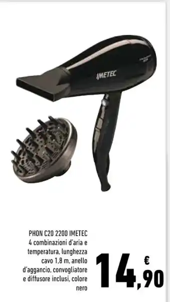 Conad Phon C20 2200 Imetec 4 combinazioni d' aria e temperatura, lunghezza cavo 1,8 m. anello d'aggancio, convogliatore e diffusore offerta