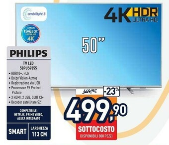 Unieuro Philips 50PUS7855/12 TV 127 Cm (50") 4K Ultra HD Smart TV Wi-Fi Argento offerta