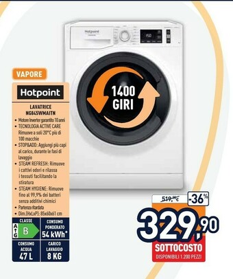 Unieuro Hotpoint NG845WMA IT N Lavatrice Libera Installazione Caricamento Frontale 8 Kg 1400 Giri/min B Bianco offerta