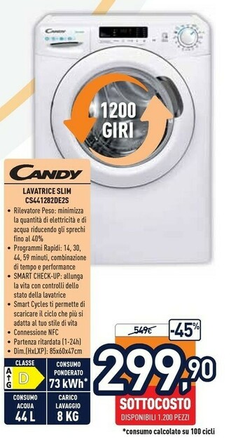 Unieuro Candy Smart CS44 1282DE/2-S Lavatrice Libera Installazione Caricamento Frontale 8 Kg 1200 Giri/min D Bianco offerta