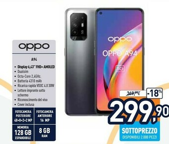 Unieuro Oppo A94 5G A94 Smartphone 5G, 173g, Display 6.43" FHD+ AMOLED, 4 Fotocamere 48MP, RAM 8GB + ROM 128GB Espandibile, Batteria offerta