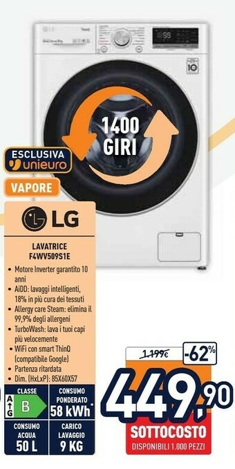 Unieuro LG F4WV509S1 Lavatrice Libera Installazione Caricamento Frontale Bianco 9 Kg 1400 Giri/min A+++ offerta