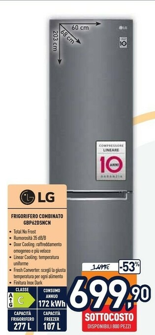 Unieuro LG GBP62DSNCN.ADSQEUR Frigorifero Con Congelatore Libera Installazione 384 L C Grafite offerta