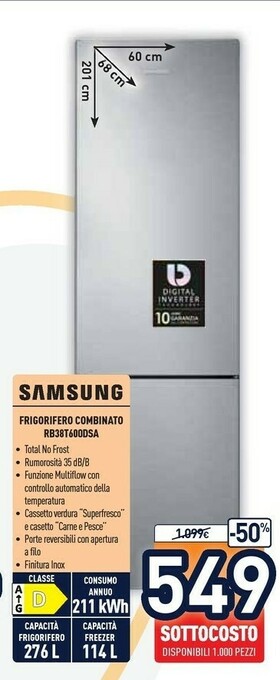 Unieuro Samsung RB38T600DSA Frigorifero Con Congelatore Libera Installazione 385 L D Argento offerta