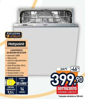 Unieuro Hotpoint HIC 3C33 CW Lavastoviglie A Scomparsa Totale 14 Coperti D offerta