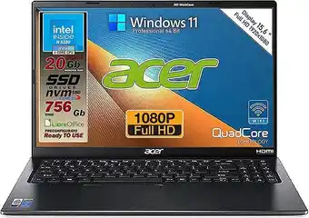 Amazon Acer notebook intel n5100 4 core, ram da 20 gb ddr4, ssd m.2 pci 256gb + hdd 500 gb, display full hd da 15,6", web cam, us... offerta
