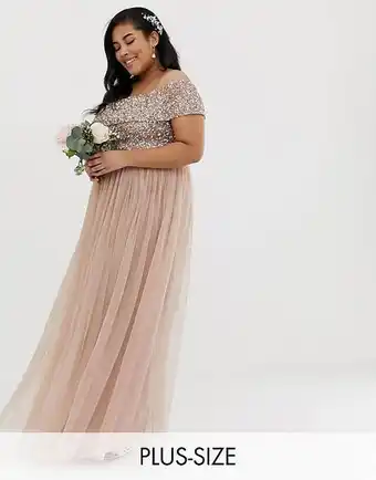 Maya plus - vestito lungo da damigella in tulle taupe cipria con raffinate paillettes tono su tono e spalle scoperte  