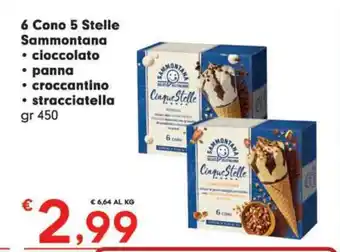 Eurospar 6 Cono 5 Stelle Sammontana cioccolato panna croccantino stracciatella 450 gr offerta