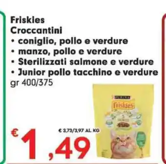 Eurospar Friskies Croccantini coniglio, pollo e verdure, manzo, pollo e verdure Junior pollo tacchino e verdure 400/ 375gr offerta