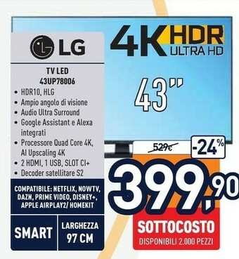 Unieuro LG 43UP78006LB 43" Smart TV 4K Ultra HD NOVITÀ 2021 Wi-Fi Processore Quad Core 4K AI Sound offerta