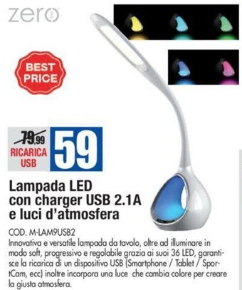 Zero Lampada LED con charger USB 2.1A e luci d'atmosfera