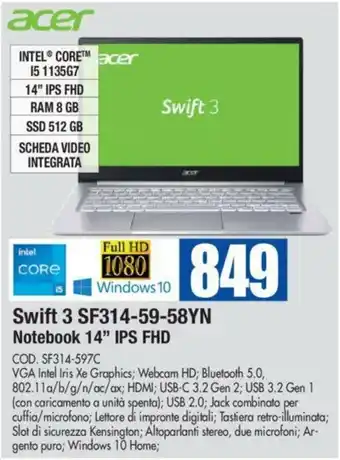 Wellcome acer Swift 3 SF314-59-58YN Notebook 14" Ips Fhd offerta
