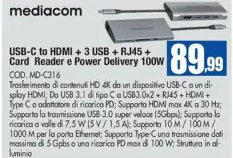 Wellcome Mediacom USB-C to HDMI + 3 USB + RJ45 + Card Reader e Power Delivery 100W offerta