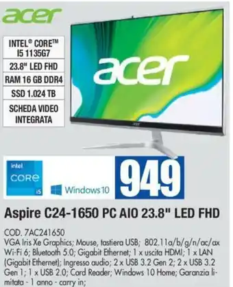 Wellcome acer Aspire C24-1650 PC AIO 23.8" LED FHD offerta