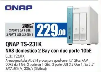 Wellcome Qnap TS-231K NAS domestico 2 Bay con due porte 1GbE offerta