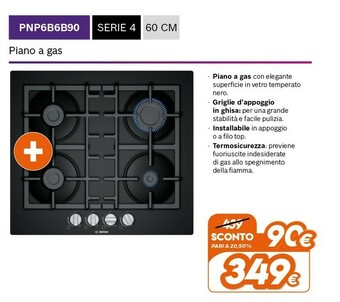 Bosch Serie 4 PNP6B6B90 Piano Cottura Nero Incorporato 60 Cm Gas 4 Fornello(i)
