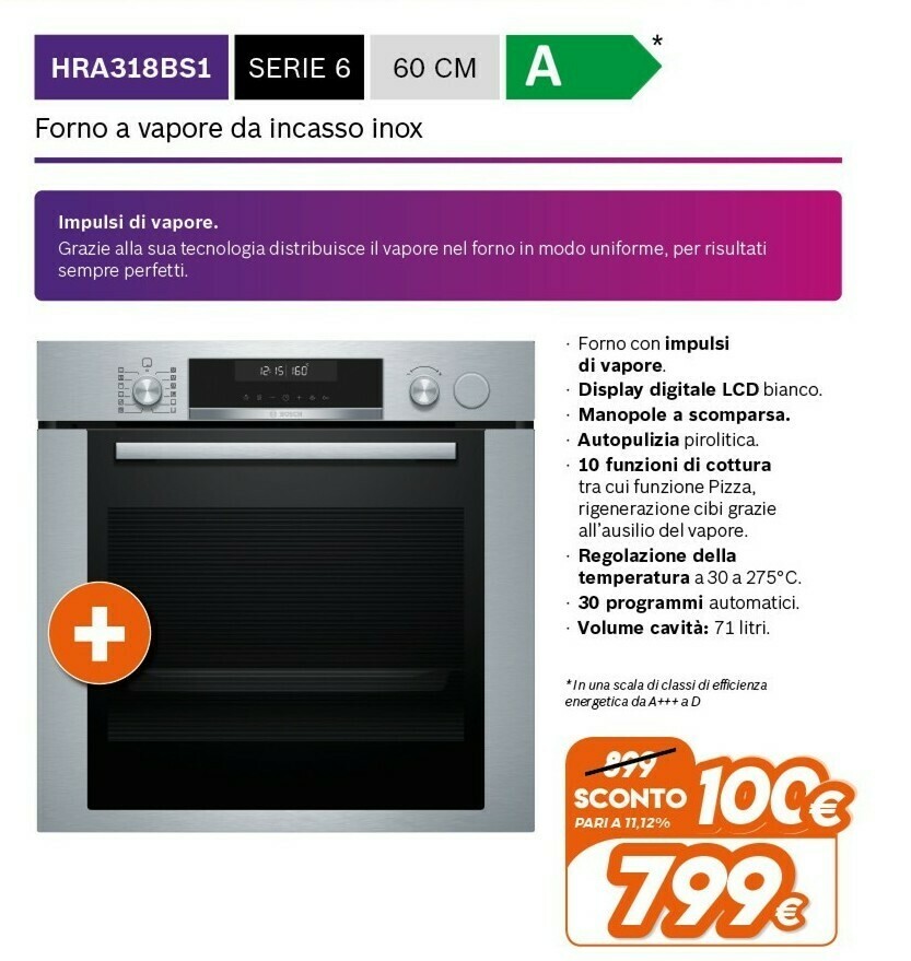 Bosch Serie 6 HRA318BS1 Forno A Vapore Media Acciaio Inossidabile Pulsanti,  Manopola offerta di Expert