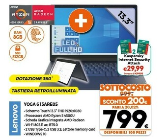 Expert Lenovo Yoga 6 13ARE05 Ultrabook 33,8 Cm (13.3") 1920 X 1080 Pixel Touch Screen AMD Ryzen 5 8 GB DDR4-SDRAM 512 GB SSD Wi-Fi 6 offerta