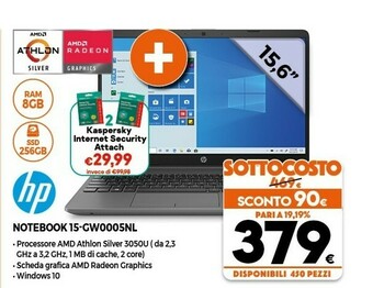 Expert HP 15-gw0005nl DDR4-SDRAM Computer Portatile 39,6 Cm (15.6") 1366 X 768 Pixel AMD Athlon Silver 8 GB 256 GB SSD Wi-Fi 5 (802. offerta