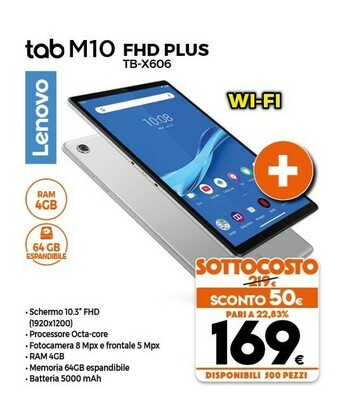 Expert Lenovo Tab M10 FHD Plus 64 GB 26,2 Cm (10.3") Mediatek 4 GB Wi-Fi 5 (802.11ac) Android 9.0 Grigio, Platino offerta