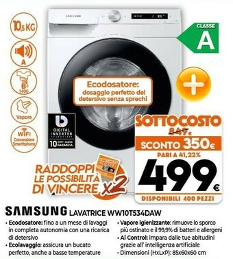 Expert Samsung WW10T534DAW Lavatrice 10kg Ecodosatore Ai Control Libera Installazione Caricamento Frontale 1400 Giri/min Bianco offerta