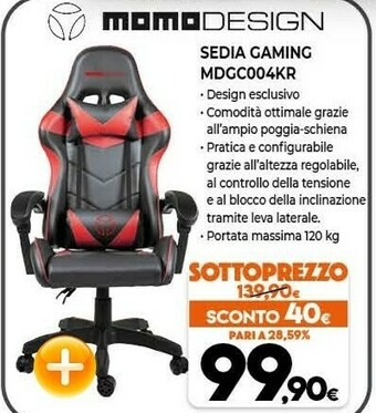 Expert Momodesign MD-GC004-KR Sedia Per Videogioco Sedia Da Gaming Per PC Seduta Imbottita Nero, Rosso offerta