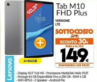 Expert Lenovo Tab M10 FHD Plus 4G LTE 64 GB 26,2 Cm (10.3") Mediatek 4 GB Wi-Fi 5 (802.11ac) Grigio offerta
