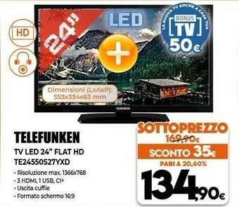 Expert Telefunken TV LED 24 FLAT HD TE 24550 S27 YXD offerta