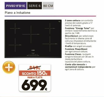 Expert Bosch Serie 6 PIV851FB1E Piano Cottura Nero Da Incasso 80 Cm Piano Cottura A Induzione Zoneless 4 Fornello(i) offerta