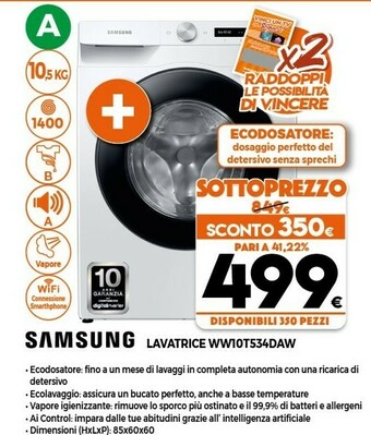 Expert Samsung WW10T534DAW Lavatrice 10kg Ecodosatore Ai Control Libera Installazione Caricamento Frontale 1400 Giri/min Bianco offerta
