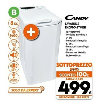 Expert Candy Vita EXCFTG 48TME-11 Lavatrice Libera Installazione Caricamento Dall'alto 8 Kg 1400 Giri/min B Bianco offerta