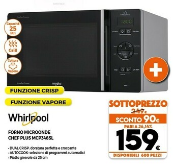 Expert Whirlpool MCP 346 SL Superficie Piana Microonde Combinato 25 L 800 W Nero, Argento offerta