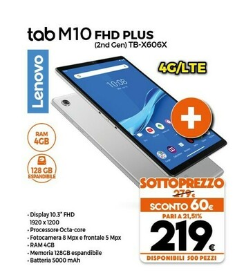 Expert Lenovo Tab M10 FHD Plus 4G LTE 128 GB 26,2 Cm (10.3") Mediatek 4 GB Wi-Fi 5 (802.11ac) Android 9.0 Grigio offerta