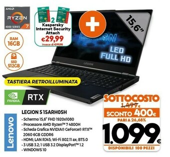 Expert Lenovo Legion 5 15ARH05H DDR4-SDRAM Computer Portatile 39,6 Cm (15.6") 1920 X 1080 Pixel AMD Ryzen 7 4th Gen 16 GB 512 GB SSD offerta