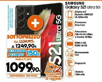 Expert Samsung TIM Galaxy S21 Ultra 5G 17,3 Cm (6.8") Doppia SIM Android 11 USB Tipo-C 12 GB 128 GB 5000 MAh Nero offerta