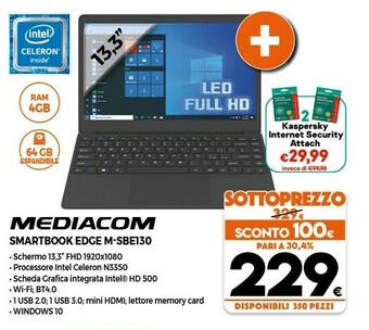 Expert Mediacom SmartBook Edge 13.3 Computer Portatile 33,8 Cm (13.3") 1920 X 1080 Pixel Intel® Celeron® N 4 GB 64 GB Flash Wi-Fi 5 offerta