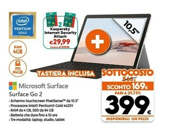 Expert Microsoft Surface Go 2 26,7 Cm (10.5") Intel® Pentium® 4 GB 64 GB Wi-Fi 6 (802.11ax) Platino offerta