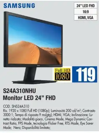 Wellcome Samsung S24A310NHU Monitor LED 24" FHD offerta